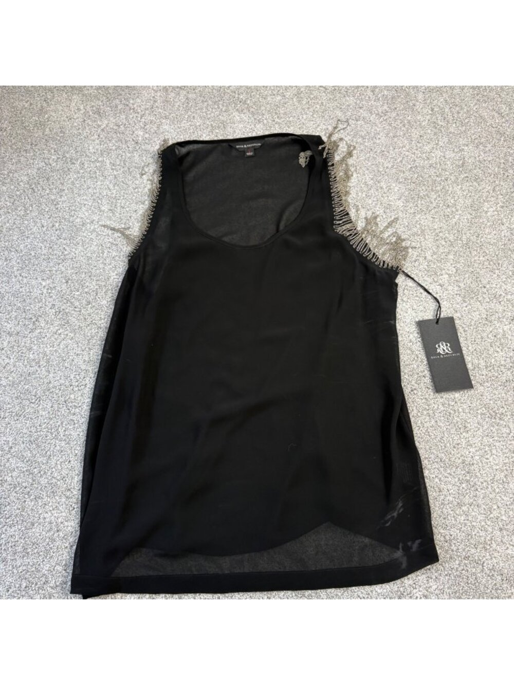 Rock & Republic Tank Top Large Black Sheer Metallic Fringe Chainmail New Flaws